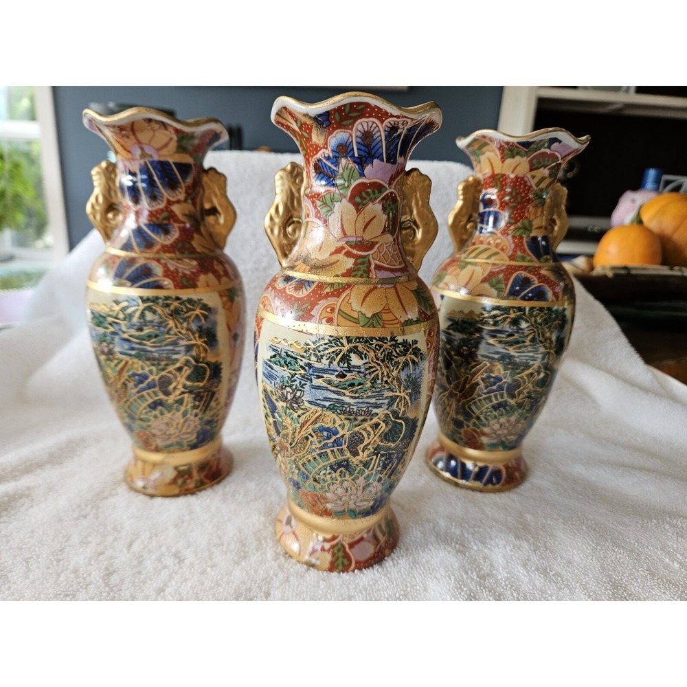 Vintage Set Of 3 hand paint Chinese Decorative Vase Coastal Birds Flowers 8 Inch